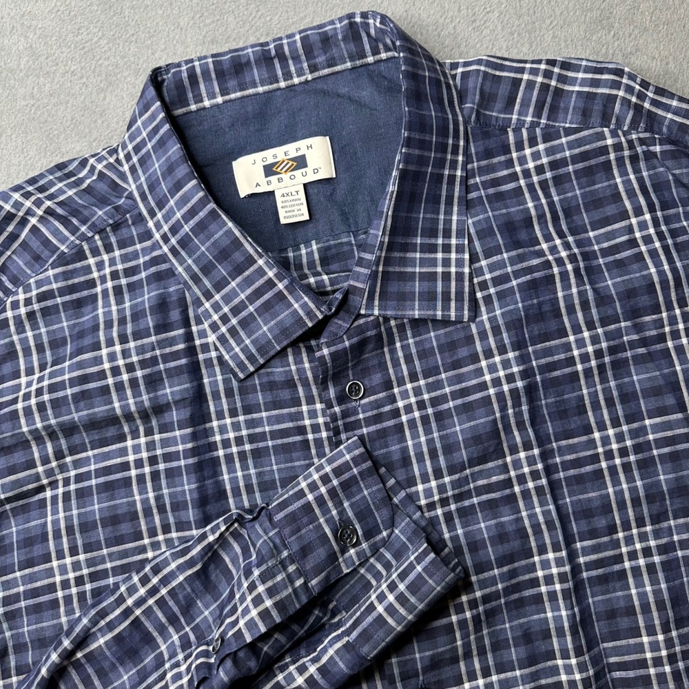 Joseph Abboud Button Front Shirt Mens‎ 4XLT Blue Plaid Linen Cotton Long Sleeve
